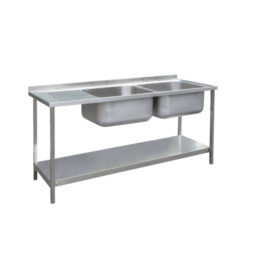 Commercial Kitchen Dishwasher - อ่างล้างจานครัวร้านอาหารแบบคู่ สแตนเลส พร้อมแท่นวางไม้
