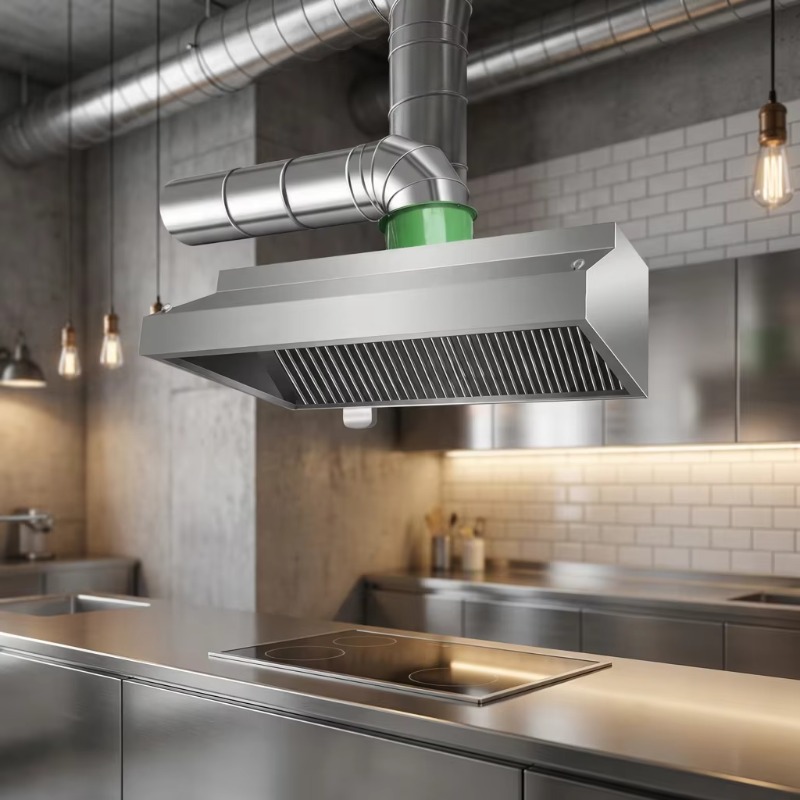 Commercial Kitchen Exhaust Hood - เครื่องดูดควันติดผนังสแตนเลสแบบปรับแต่งได้สำหรับครัวเชิงพาณิชย์ พร้อมมอเตอร์ 400 วัตต์ ปุ่มกด