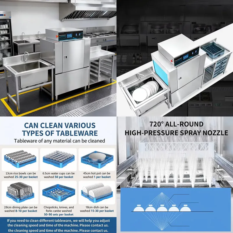 Commercial Kitchen Dishwasher - เครื่องล้างจานแบบสายพานลำเลียงเชิงพาณิชย์ อุปกรณ์ทำความสะอาดครัวอัตโนมัติแบบอุตสาหกรรม ความจุขนาดใหญ่