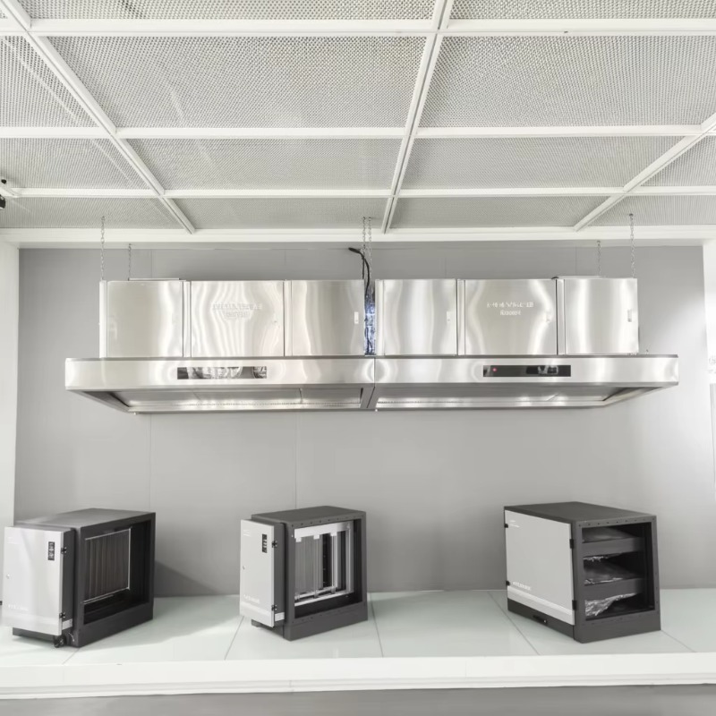 Commercial Kitchen Exhaust Hood - เครื่องดูดควันครัวสแตนเลส 201 แบบปรับแต่งได้สำหรับเชิงพาณิชย์ พร้อมระบบกรองไฟฟ้าสถิตและระบบระบายอากาศ ประสิทธิภาพ 98%